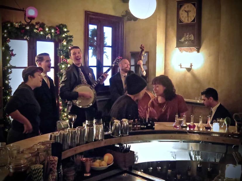 A jazz band playing behind the bar at Maison Premiere in Brooklyn