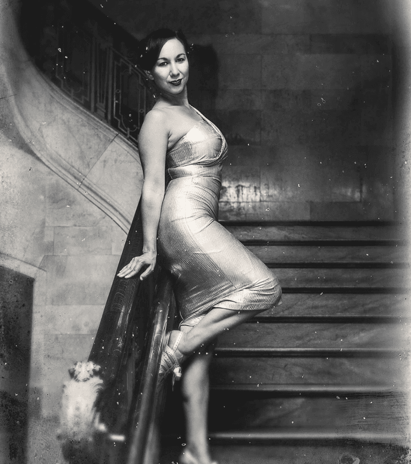 Instagram photo of Stina Dallons on a staircase, in black and white