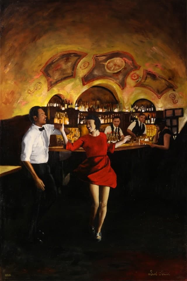 Seth Harris’s oil painting of a couple swing dancing in a bar