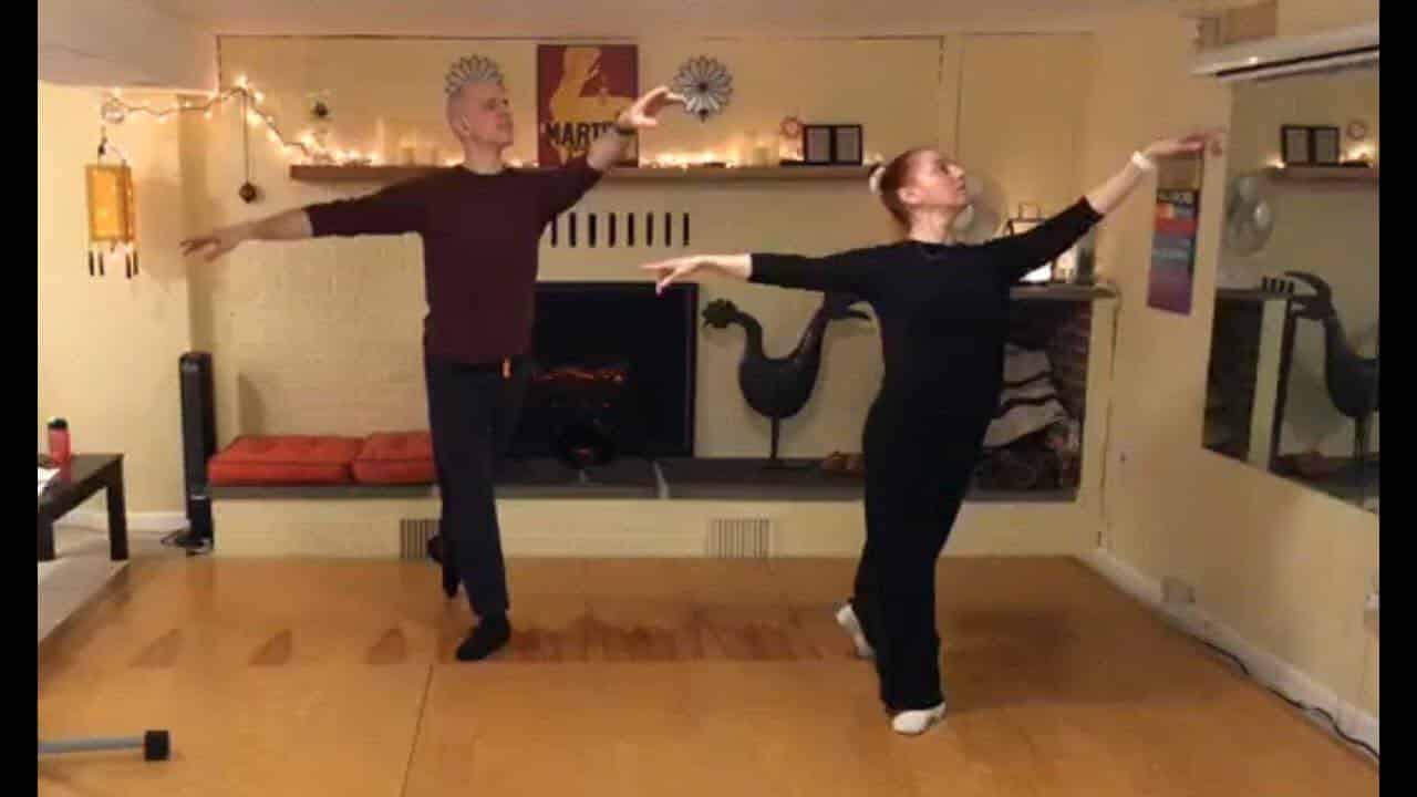 Roger and Mané Plaut demonstrating a ballet port de bras in their living room